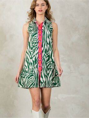 THML Green and Ivory Zebra Striped Dress hot pink orange stripe center placket